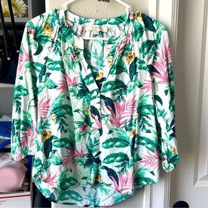 LOFT White and Green 3/4 Sleeve Blouse with Mandarin Collar